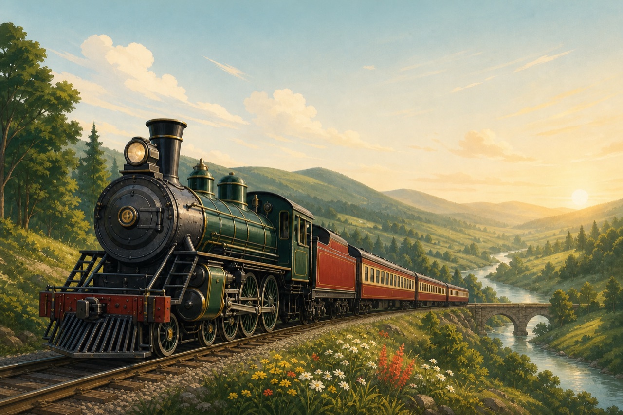 A green and red passenger train traveling through a sunlit countryside